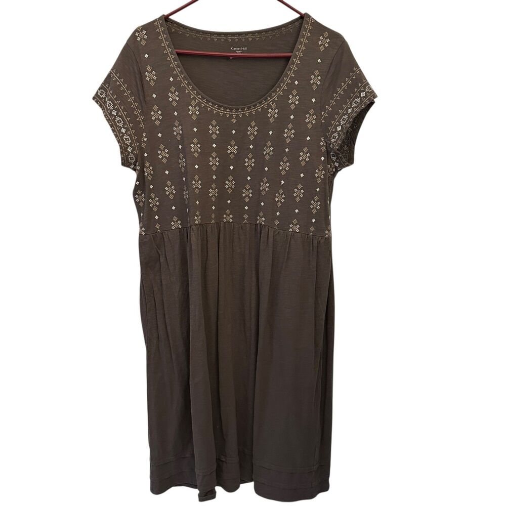 Garnet Hill Brown Scoop Neck‎ Embroidered 100% Organic Cotton Short Dress 14